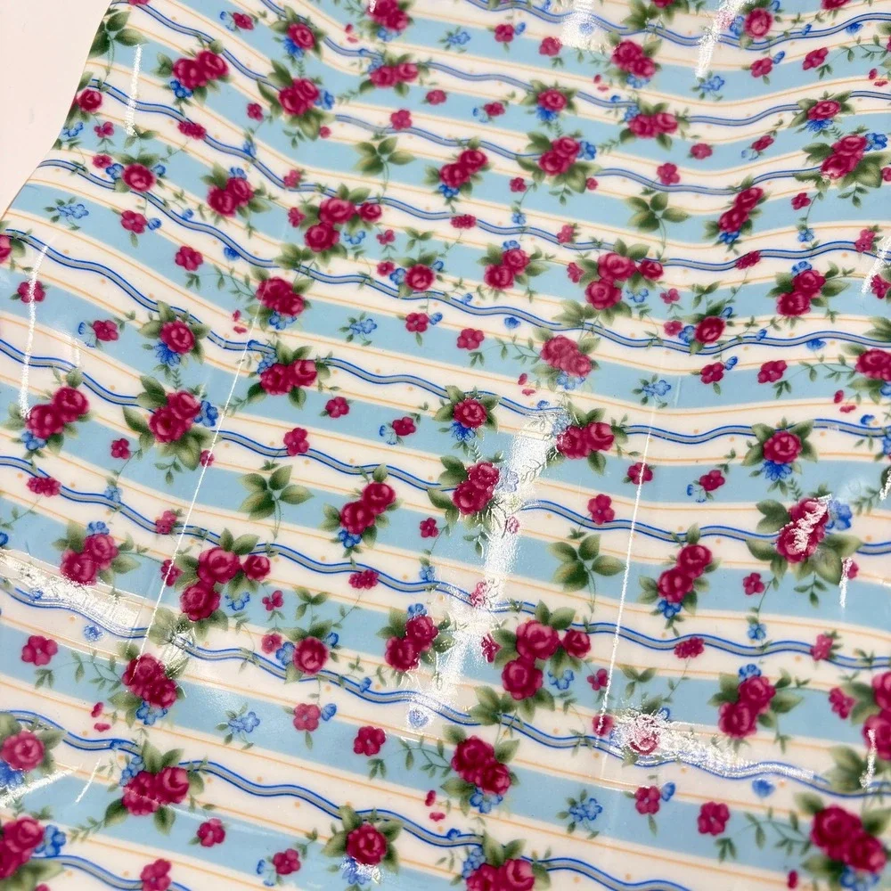 Vintage Jay & Sons Chintz Porcelain Serving Tray Pink Roses Blue Stripes‎ 12